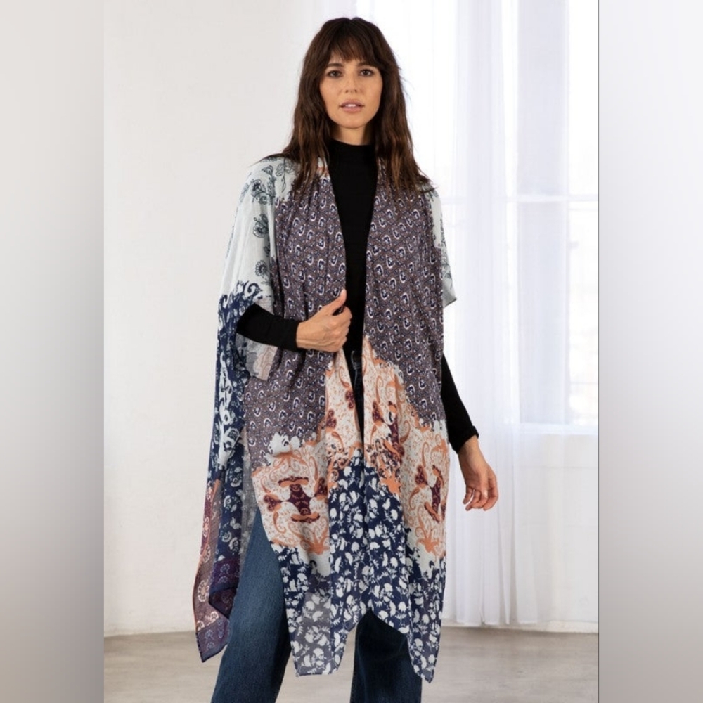 Love Stitch Midnight Bohemian Floral Print Open Front Kimono